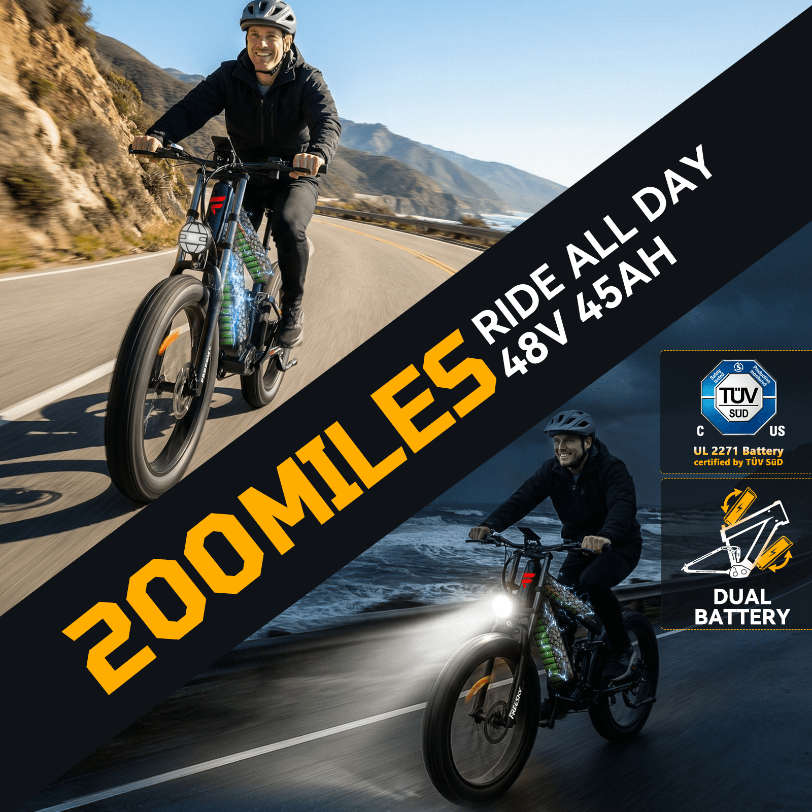 FREESKY Dual Battery Electric Bike for Adults, 48V 45AH 200 Miles Long Range E Bike, 4000W Motor 40MPH+, 26" Fat Tire Fast Mountain EBike, Full Suspension & Hydraulic Brakes, UL 2849 Certified by TÜV