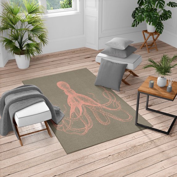 Octopus Turkish Area Rug, Monochrome Marine Animal Tentacles in Sketch Subaquatic Life Art, Soft Carpet for Living Room Decor with Distressed Look, 2.6' x 5', Pale Pink, by Ambesonne