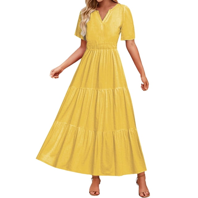 HXWCHs Robe à Manches Longues Femme Fluide Col en V Ceinture Été Décontractée Robe Confortable Plage Évasée Maxi pour Printemps Saison Jaune m