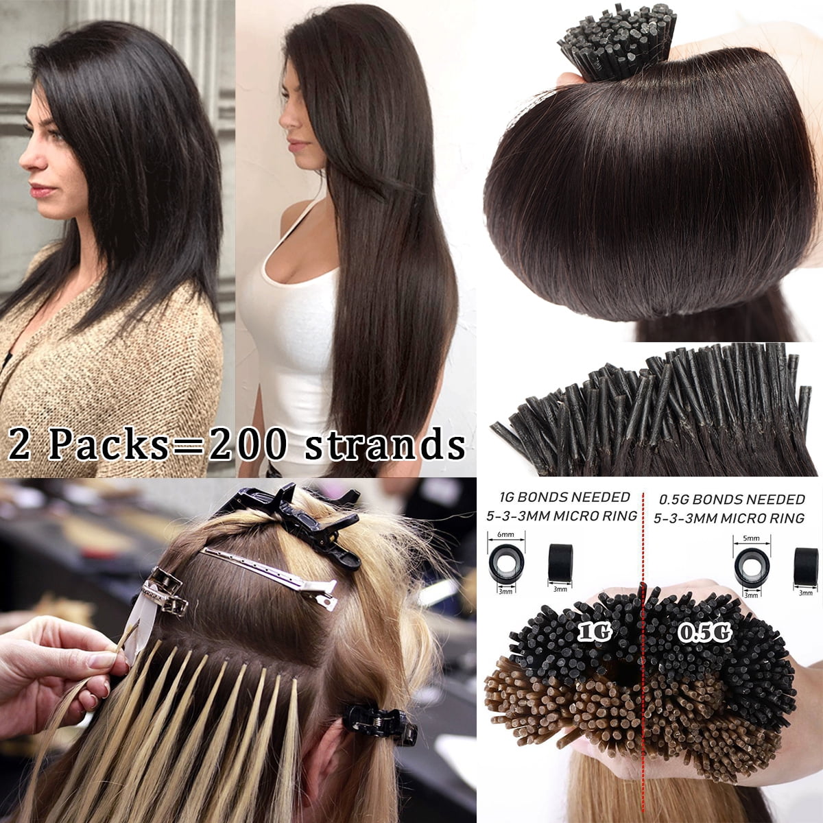 SEGO I Tip Hand-Tied Human Hair Extensions Cold Fusion Off Black 100 Strands Soft Straight Remy Hair Pre Bonded Stick Shoelace Tips