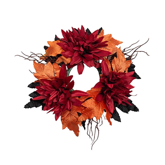 Artificial Fall Mini Wreath, 11.02 inch Dahlia Orange Maple Leaf Small Floral Wreath with Twigs, Autumn Decorative Hanging Wreath for Front Door Window Wall, Home Harvest Party Decor, Fall Decor