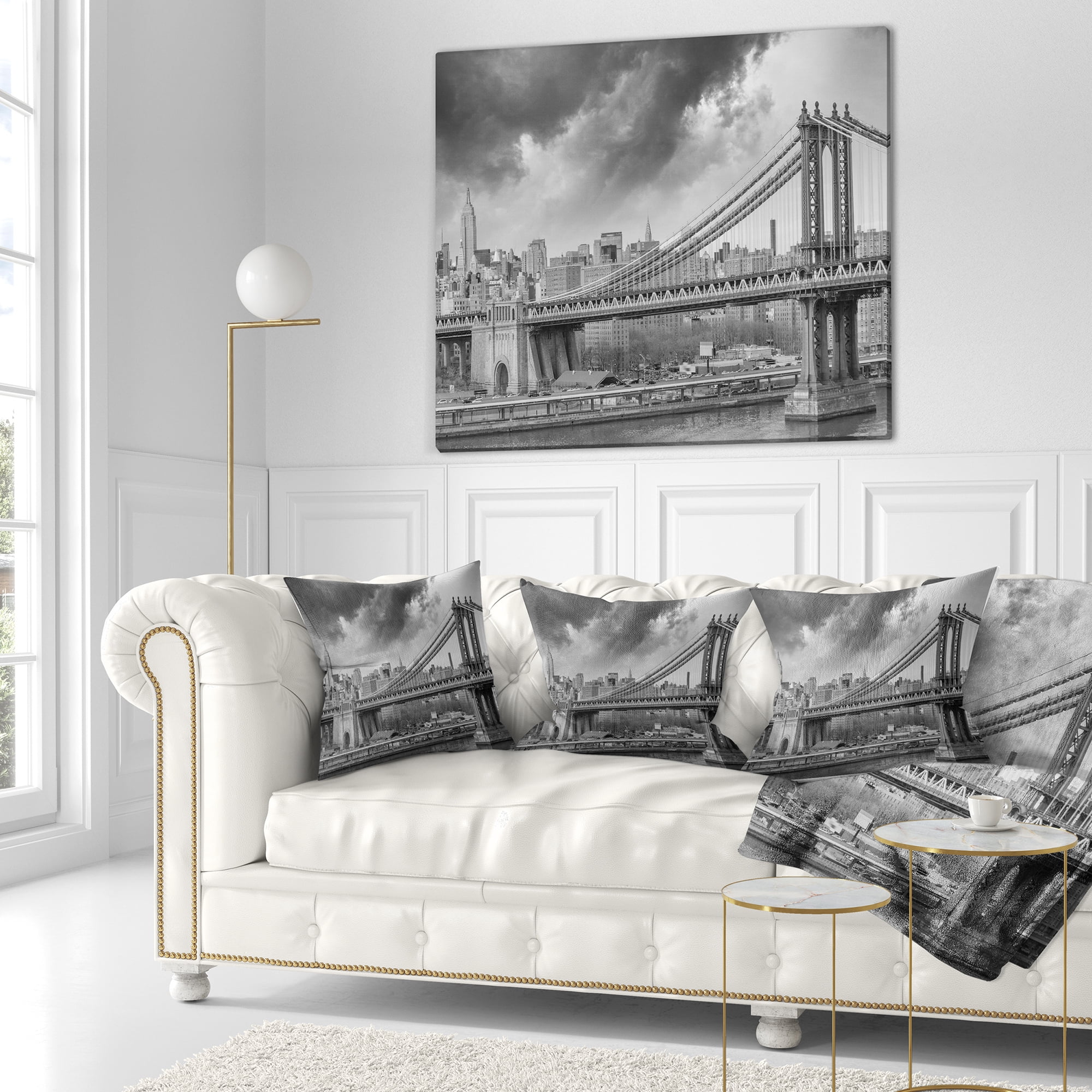 Designart Gray Manhattan Skyline - Cityscape Photography Throw Pillow - 16x16