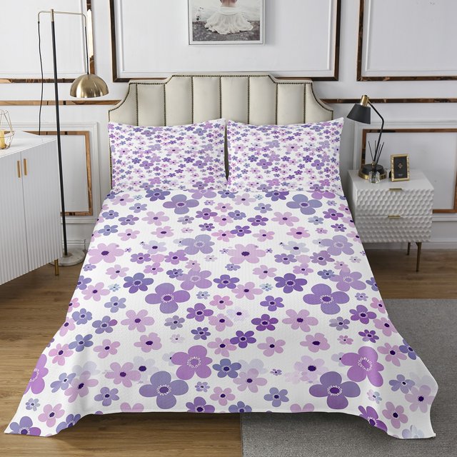 Erosebridal Ensemble de Couvre-Lit Chic Violet à Fleurs pour Lit Simple, Courtepointe de Lit Fleurs Printanières, Microfibre 2 Pcs