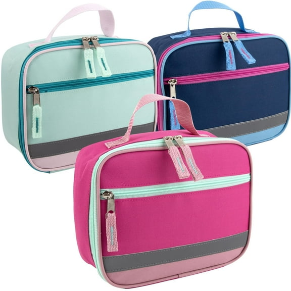 Fridge Pak 24 Pack of Bulk Wholesale Insulated, Reflective, PVC-Free Non-Toxic Vinyl Lunch Bag Coolers for Hot and Cold Food, Drinks & Snacks with Front Zippered Pocket in Pastel 3 Colors Pack