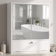 ALPULON Double Door Wall Mounted Bathroom Mirrored Cabinet with Push to Open Doors and Flip Down Compartment for Storage, White
