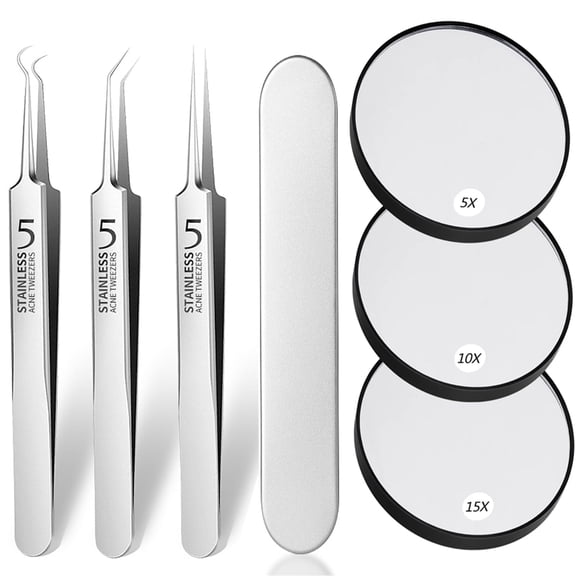 Asunby 7-Piece Magnifying Mirror and Eyebrow Tweezers Kit, 5X, 10X, 15X Portable Makeup Mirror with Suction Cups for Travel