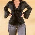 thumbnail image 4 of Negro L 2021 Moda Mujer Calle Chica Caliente Retro Empalme De Encaje A Rayas Camisa A Rayas Negras Chaqueta De Una Sola Fila Con Dos Botones En La Cintura Con Cuello En V Top Informal, 4 of 8