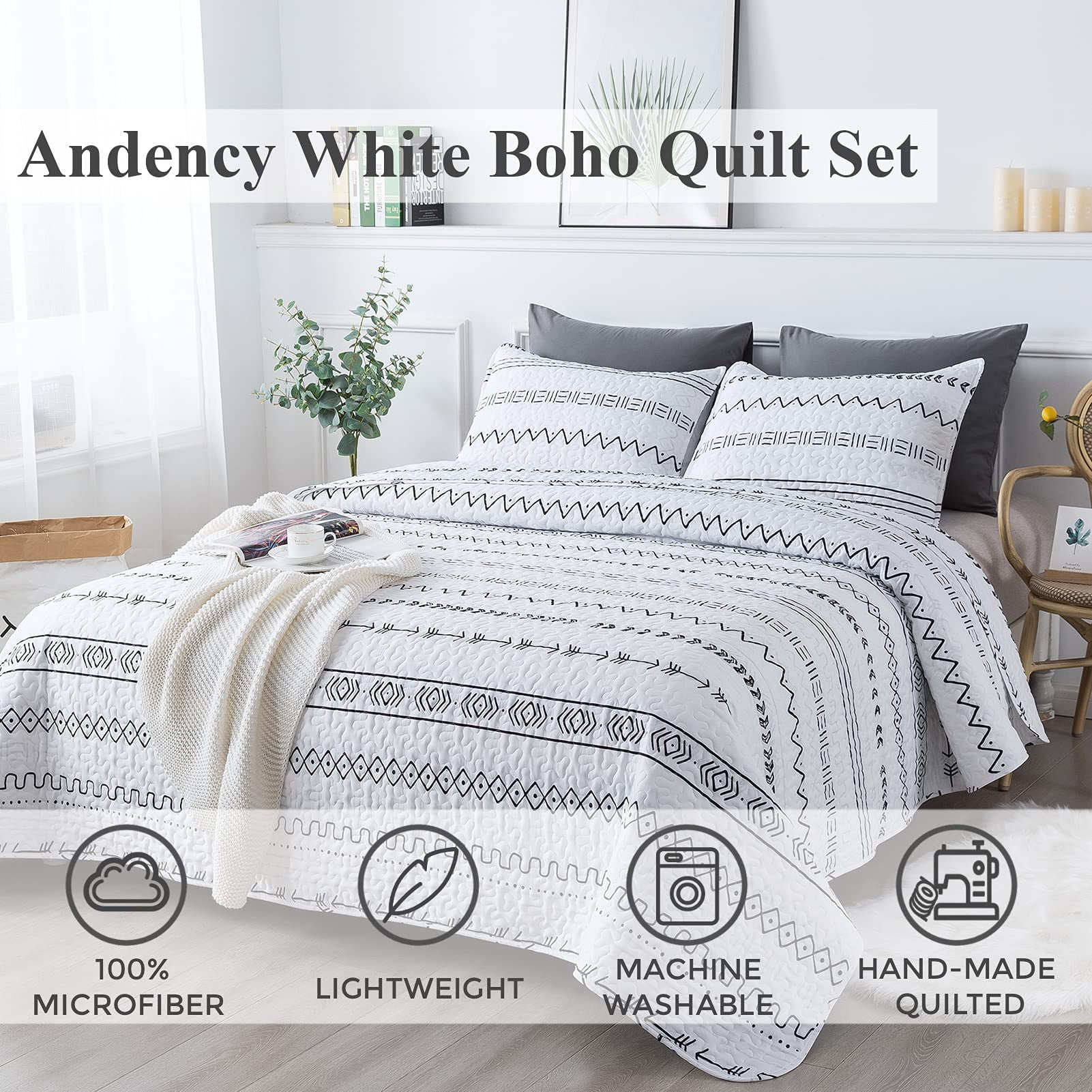 Andency White California King Quilt Set, 3 Pieces Bohemian Summer Soft Lightweight Bedspread Cal King, All Season Microfiber Coverlet Sets with 2 Pillow Shams (112" x104")