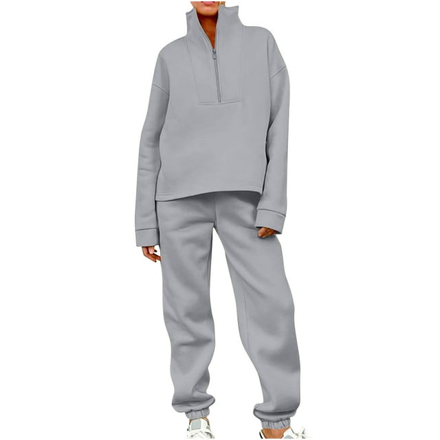 Mrat Long Sleeve Blouse Tracksuit Women Sweatsuits 2 Piece Set Half Zip Long Sleeve Pullover Sweatshirt and Jogger Pants Tracksuit Set S-75 Gray L