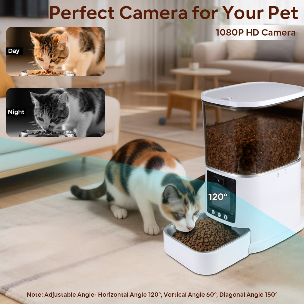 FGY 5L Automatic Cat Feeder with Camera 1080P HD, 2.4G/5G WiFi App Control, 2-Way Audio&Video Automatic Cat Food Dispenser (White)
