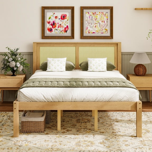 heyizhuo Queen Solid Wood Platform Bed with Rattan Headboard, Farmhouse Boho Bed Frame, Under Bed Storage, No Box Spring Needed, Natural Wood