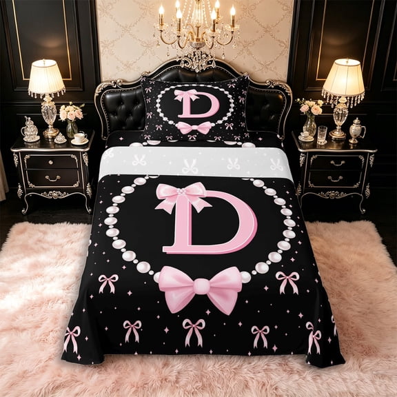 Manfei Cartoon Bow Letter D Monogrammed Twin Sheet Sets 3pcs for Girls Teens,Princess Alphabet Pearl Bow Print Bedding for Kids,Breathable Home Decor