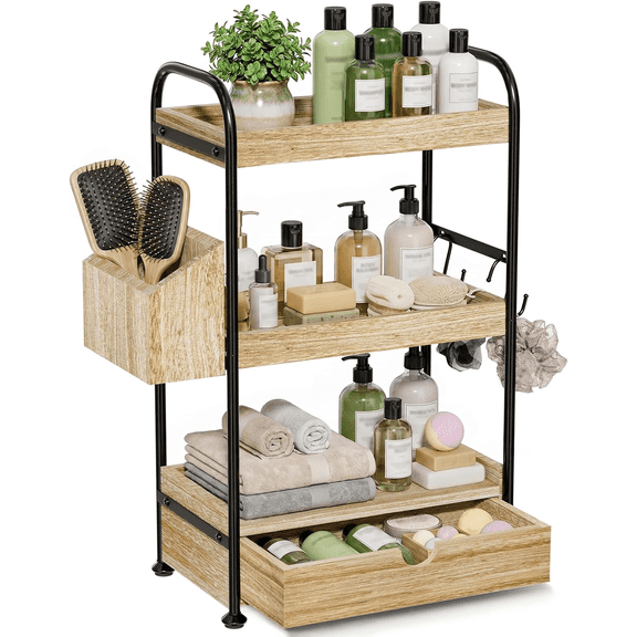3-Tier Bathroom Counter Organizer with Drawer, Wooden Vanity Skincare Storage Shelf with Thickened Metal Frame, Countertop Shelf with Basket & Hooks for Makeup Organization, Light Brown