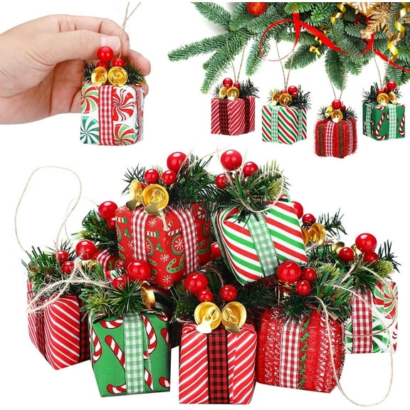 12PCS Christmas Tree Mini Gift Boxes Christmas Tree Ornaments Present Decoration with Bells Christmas Berries for Indoor Outdoor Xmas Tree Party