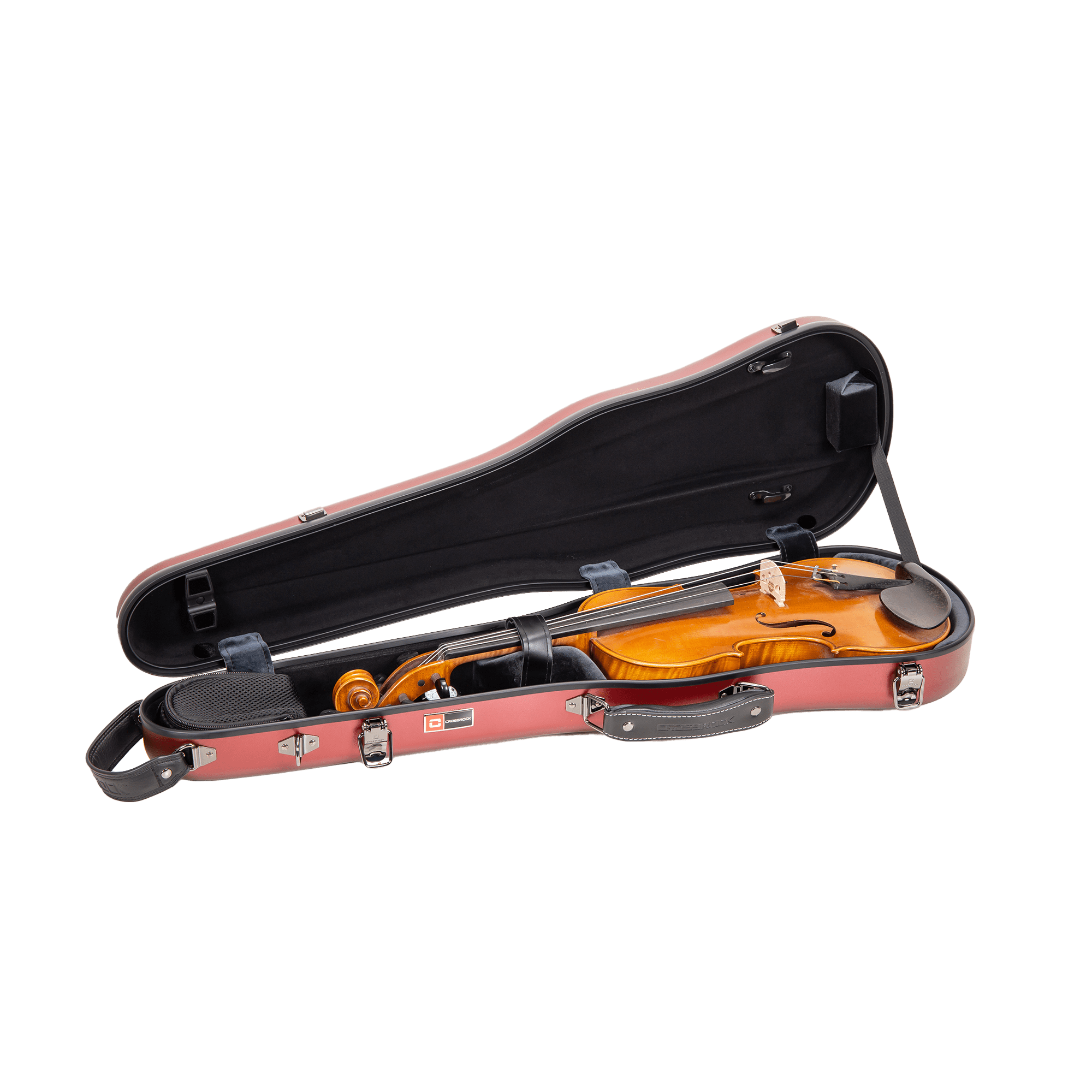 Crossrock Poly Carbon Shaped Case fits 4/4 Full-Size Violin, Includes Protective Blanket, Hygrometer, Accessory Pocket, Detachable Straps -Red