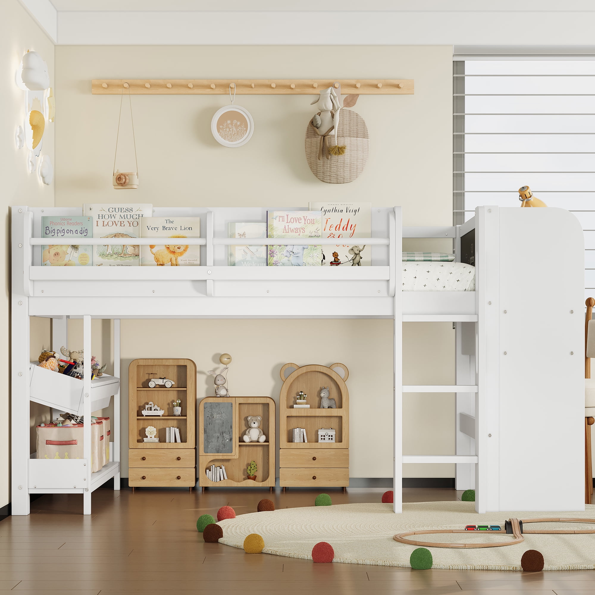 Mintazer Twin Low Loft Bed with Desk & Blackboard, Kids Loft Bed with Storage Drawers, No Spring Box Needed, White