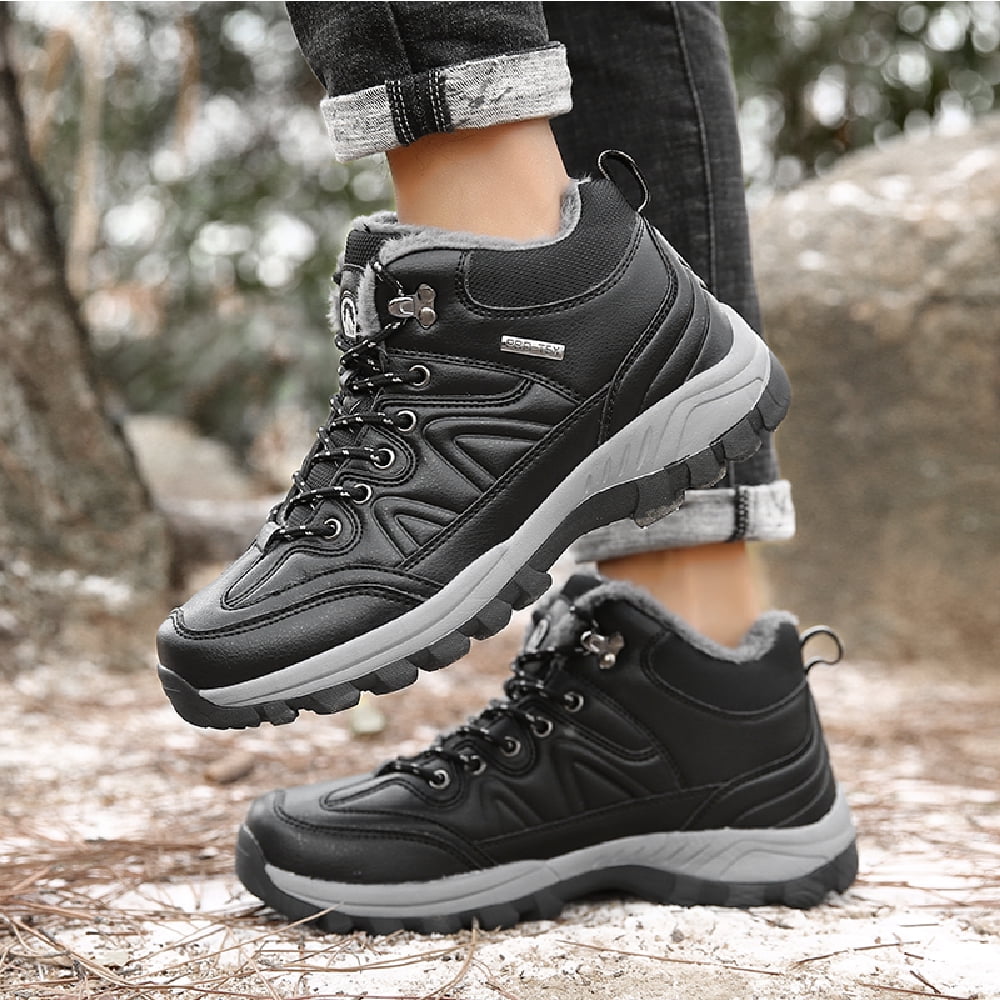 Mens Hiking Snow Boots Padded Warm Cotton Shoes Non-slip Lightweight Sneakers Waterproof Fur Lined Bare Boots Black 7.5 UK