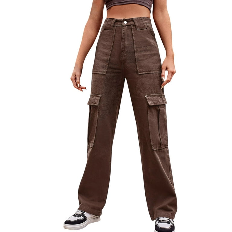 Women Casual High Waisted Cargo Pants Wide Leg Casual Denim Trousers Multi  Pocket Cargo Jeans Black XXL 