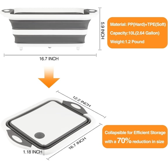 YUYAN-Collapsible BBQ Prep Tub/Cutting Board 10L, Foldable Dish Tub with Colander, Portable Camping Sink, Multifunction Dishing Basin Bucket Wash Tub for Kitchen Fruit Vegetable Picnic (Gray)