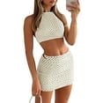 thumbnail image 3 of Qiylii Women's Knitted Skirt Outfits Set, Solid Color Sleeveless Tie Back Halter Crop Tops with Summer Mini Skirt, 3 of 5