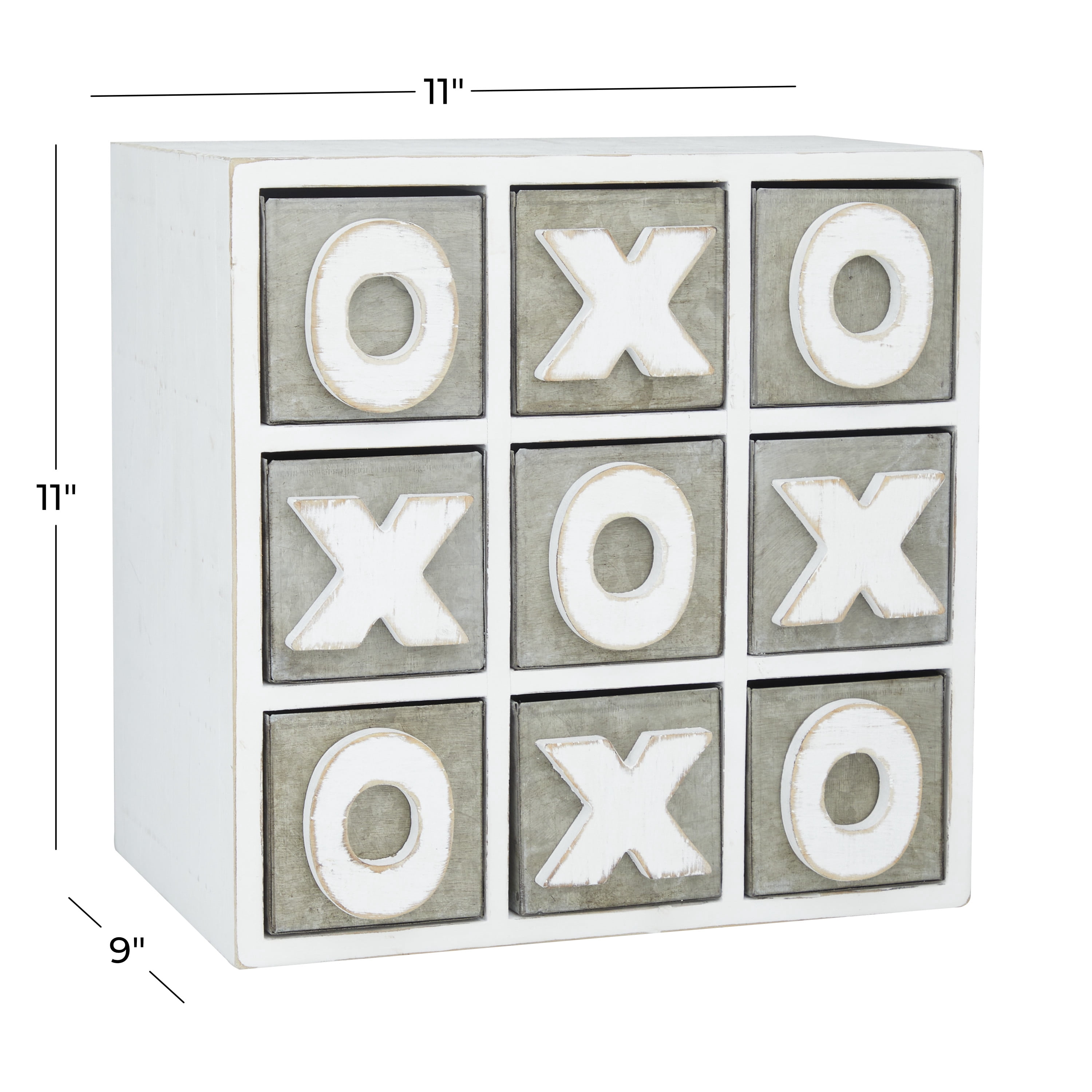 DecMode 11" x 11" White Wood Cabinet with X and O Shelves, 1-Piece