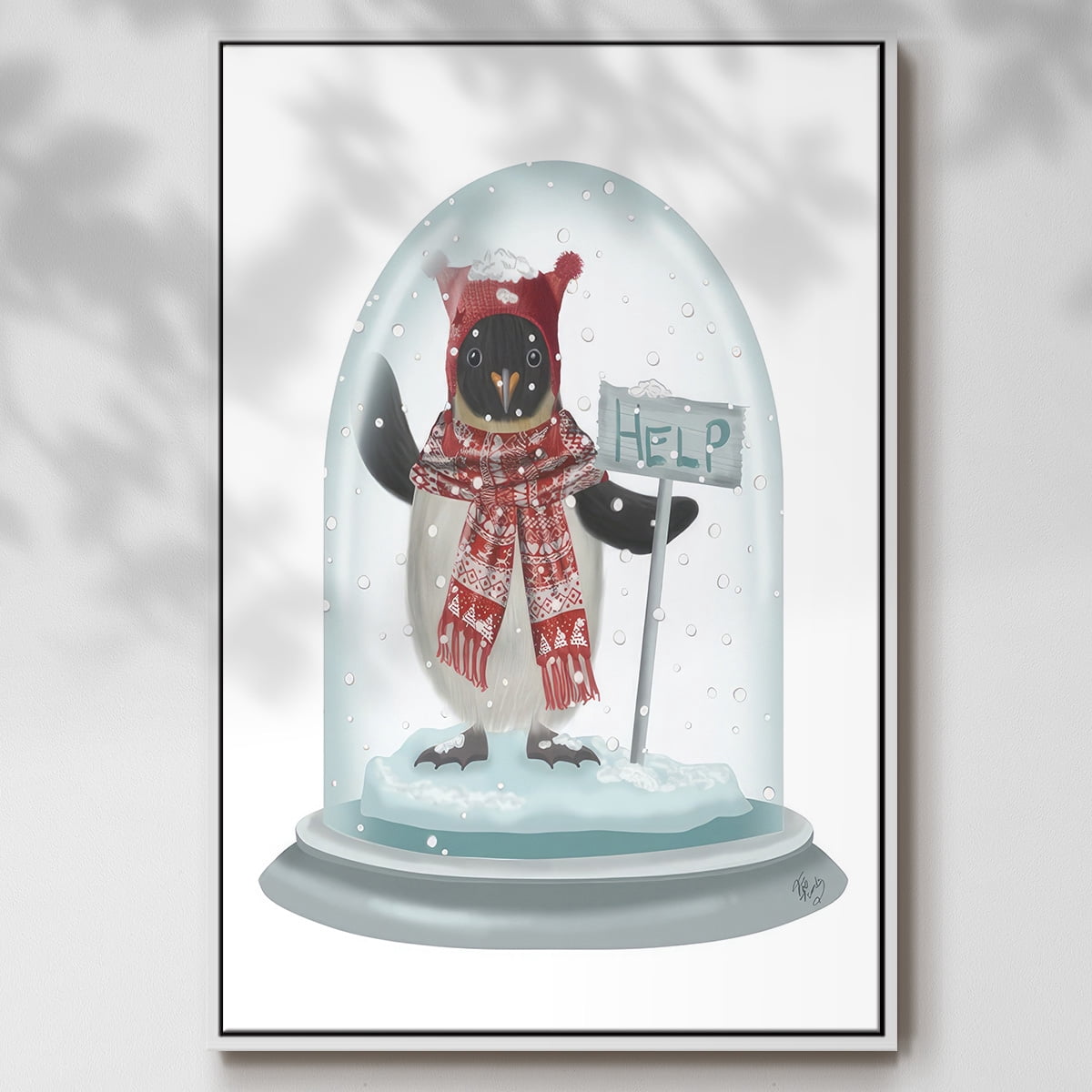 Christmas Penguin Snow Globe - Framed Gallery Wrapped Holiday Canvas - 17 x 25 - White Frame