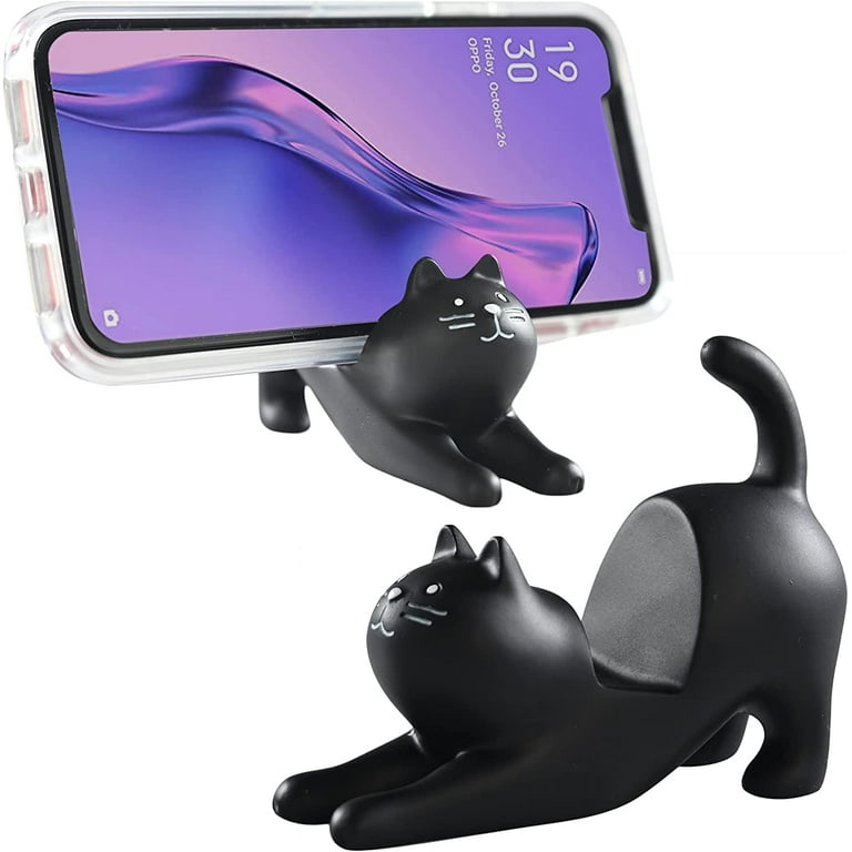 Cat Phone Stand, Cute Desktop Smartphone Holder, Vertical or Horizontal,  Universal Cell-Phone Stand, Black