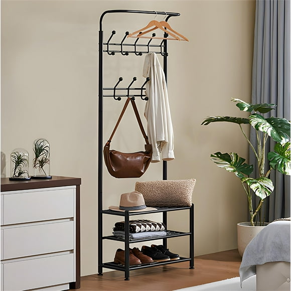 Hallway Coat Rack With Bottom 3-Tier Shoe Bench, Standing Metal Hall Tree Garment Rack Storage Shelf with 18 Hooks