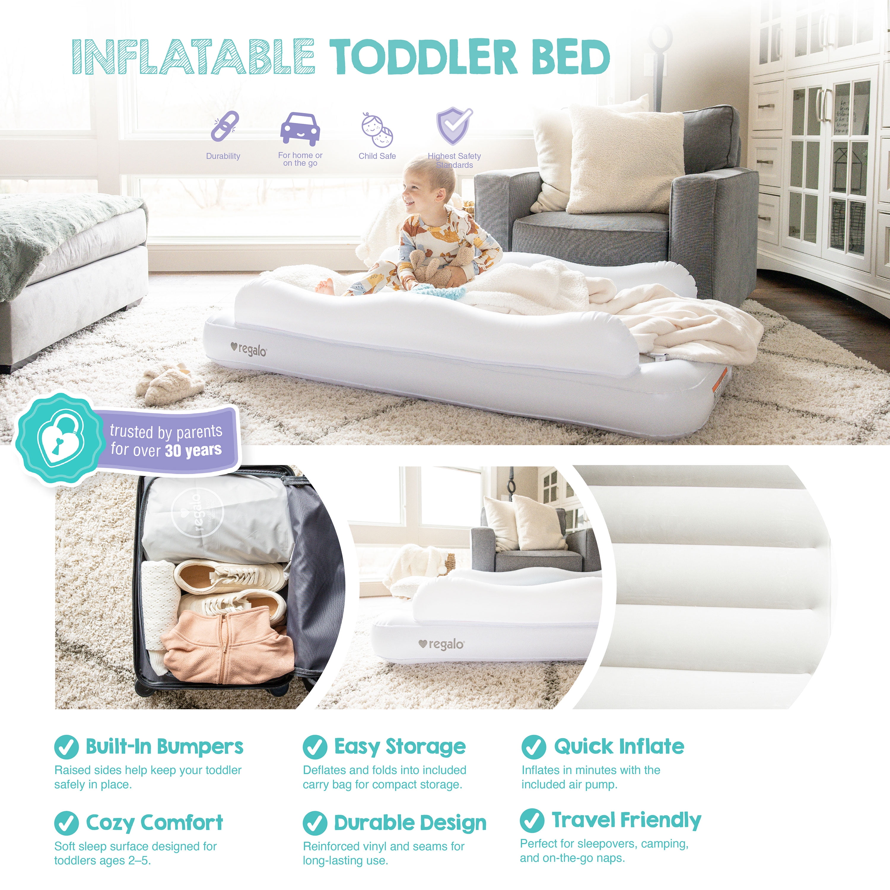 Regalo Inflatable Toddler Travel Bed with Safety Rails, Air Pump & Carry Bag, White