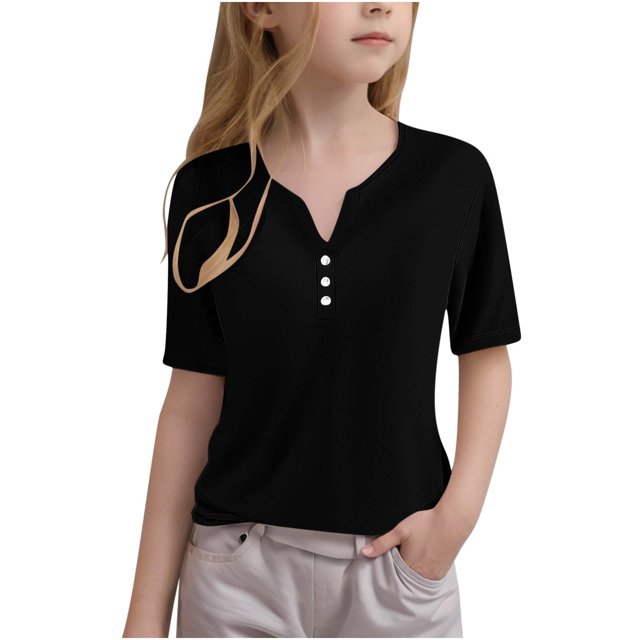 Plebaso Summer Tops for Girls Button V Neck Shorts Sleeve Shirts Solid Color Kids Casual Tunic Blouses