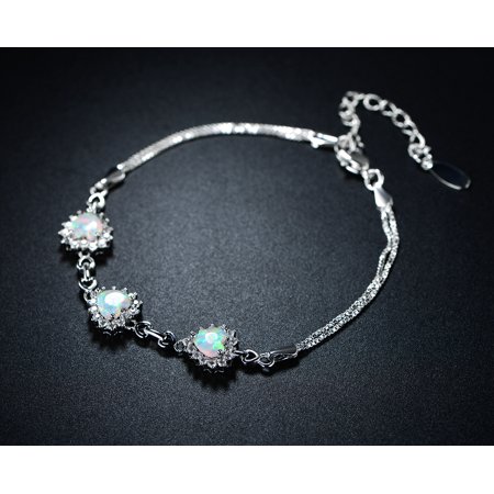 Double Heart Bracelet - Rhodium-Plating White Fire Opal Heart Double Strand Bracelet