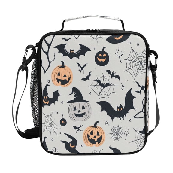 Insulated Square Lunch Bag with Side Mesh Pocket Fashion Lunch Box Reusable Lunch Tote 10.5" x9.5" x3.5" Halloween Design Elements