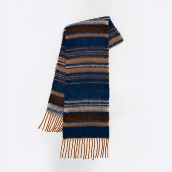 Retro Narrow Striped Scarf with Soft Fringe - Color-Block Gradient Winter Wrap for Men and Women, Lightweight Unisex Fashion Accessory,205*26 cm,Brown/Blue Stripe