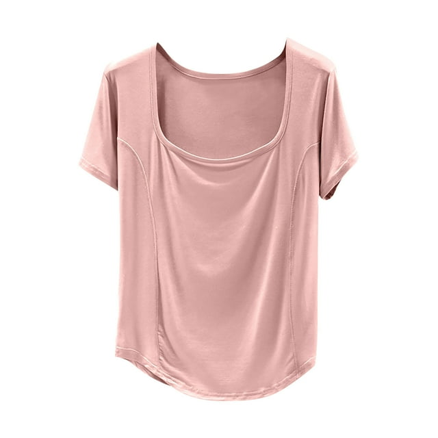 Camiseta de Manga Corta Mujeres Moda de Verano Yoga Casual Cuello Cuadrado Delantero Hombro Recto Cuello Redondo Superior