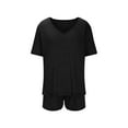 thumbnail image 6 of Scyoekwg Womens 2 Piece Sets Summer Outfits Loose Solid Color Trendy Short Sleeve V-Neck Tops Shorts Casual Sweatsuits Sets Tracksuit Matching Family Outfits (Black,S), 6 of 8