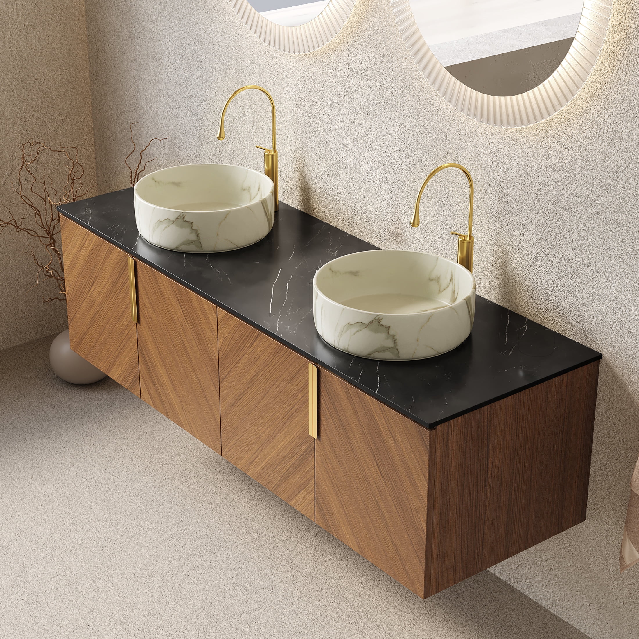 Noble House ARAI 60" Floating Double Bathroom Vanity, Sintered Stone Top Cabinet with Dual Stone Round Sink, Oak