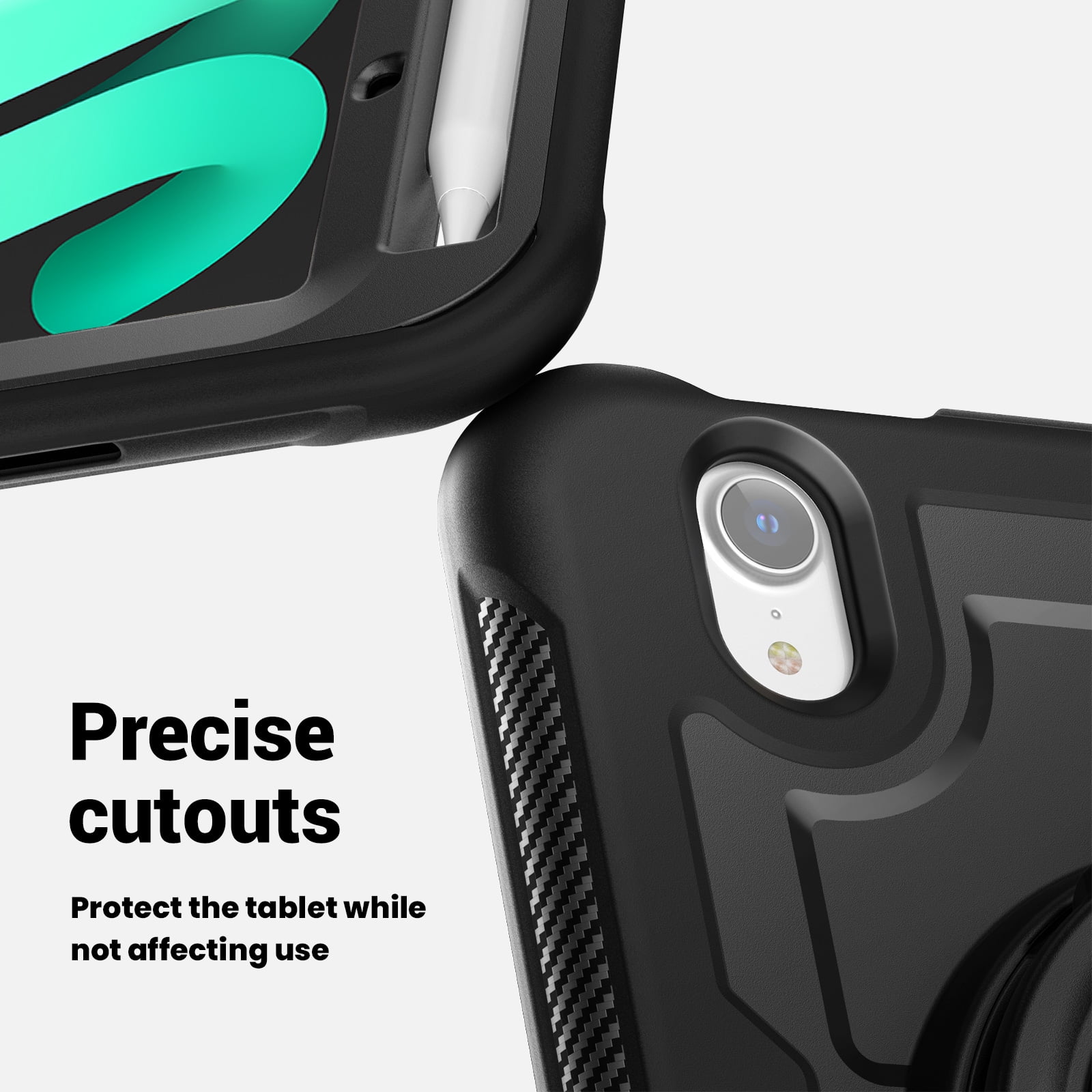 Shockproof Case for Apple iPad Mini 6th 7th Generation 8.3 Inch, Rugged Hybrid Protective Cover with Pencil Holder & Shoulder Strap Kids Friendly Rotating Kickstand Case for iPad Mini 6 7,Black