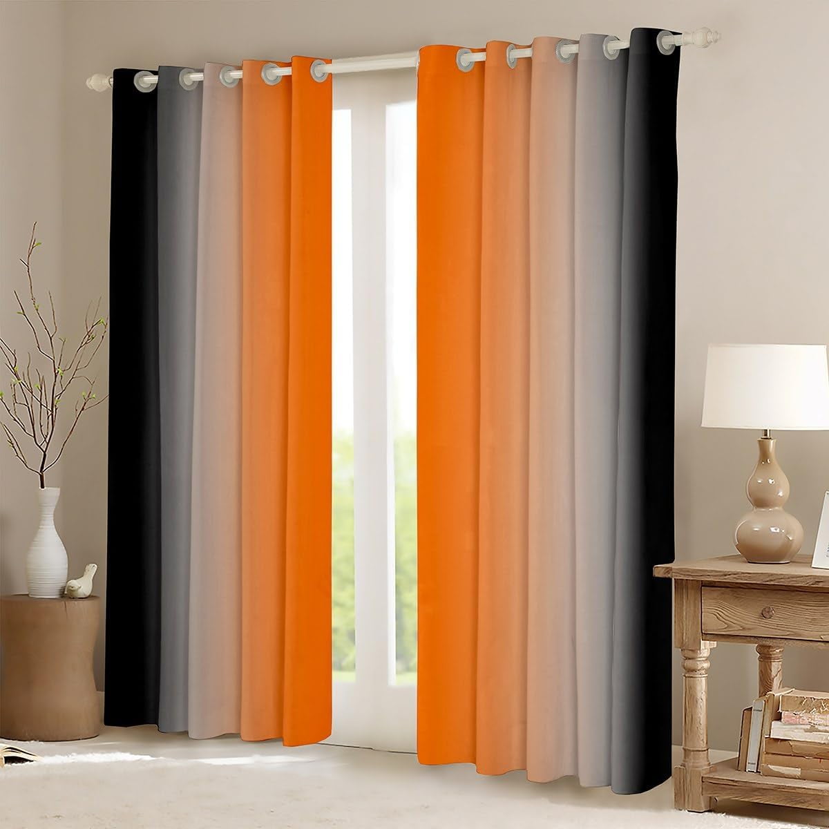 Orange Darkening Drapes (2 Panels, 42 x 54 Inch) Ombre Black Curtains for Bedroom Living Room for Kids Decor Gradient Style 30%-50% Blackout Curtains Abstract Window Treatments