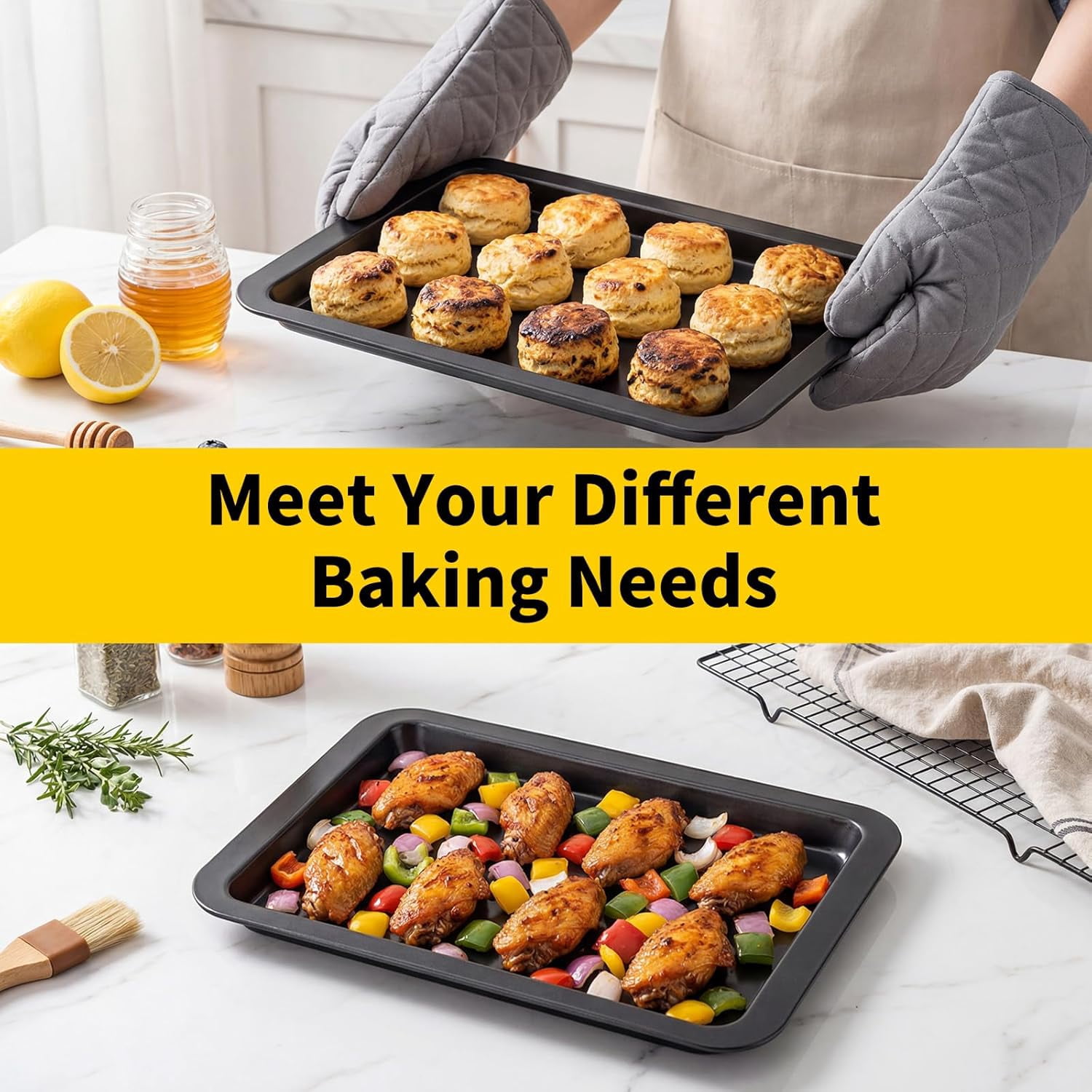 Cookie Sheets for Baking, 2 Pack 13x9 Inch Black Baking Pans Tray, Nonstick Carbon Steel Cookie Pan Sheet for Oven Roll Cake Brownie, Cooking, Roasting, Serving