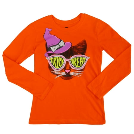 Happy Halloween Cat - Happy Halloween Girls Orange Trick Or Treat Glittery Cat T-Shirt