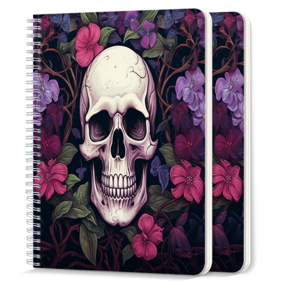 Spiral Notebook,College Ruled Journal,8.26" x 5.71" 50 Sheets/100 Pages,2 Pack - Skull Surrounded By Purple And Pink Flowers