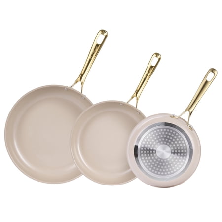 Chef Power Ceramic Non Stick Cookware Sets, 3Pcs Pans Set with Stainless Steel Handle Taupe