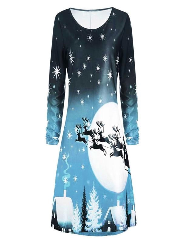 Iuhan - Iuhan Women Christmas Print Long Sleeve Dress Ladies Evening ...