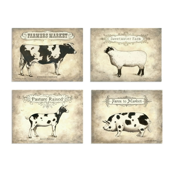 Off-White Country Rustic Cow, Goat, Sheep and Pig Adult Kitchen Set; 4- 10" x 8" Unframed Print