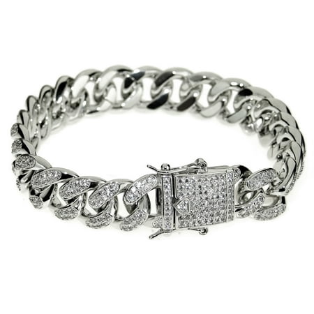 Mens 14k White Gold Plated Cz Bracelet 8 Inch Long X 12mm Wide Iced Out Hip Hop Cuban Link Full Stone Mens 14k White Gold Plated Cz Bracelet 8 Inch Long X 12mm Wide Iced Out Hip Hop Cuban Link Full Stone