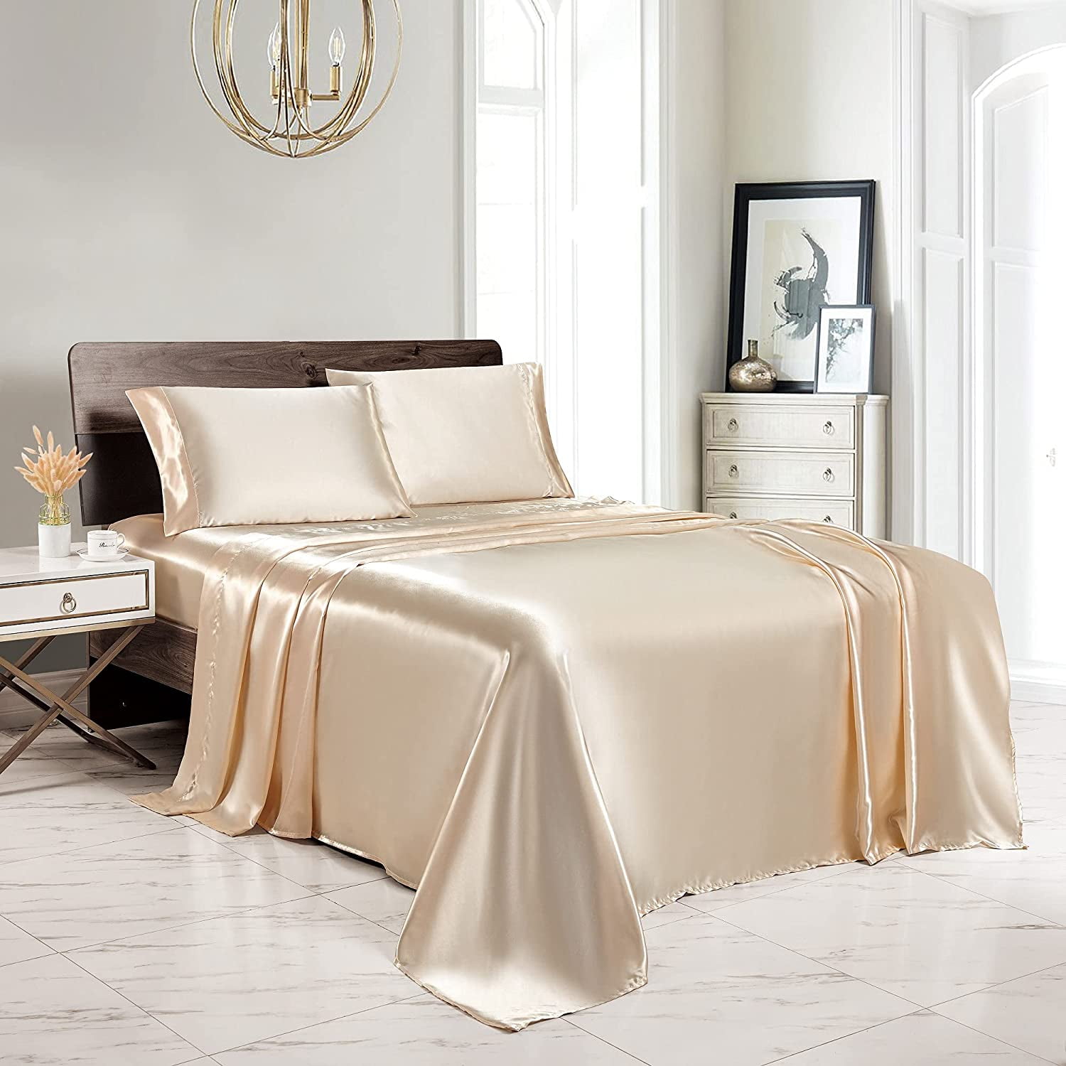 Sheet Set Flat Sheet Pillow Pocket Bed Luxury Double Flex-Top King Black 4 Piece 