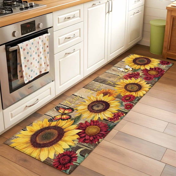 2'x6' Rug Runners for Hallways Kitchen, Sunflower Brown Wooden Non Slip Entryway Beside Floor Carpet Runner, Vintage Flowers Butterfly Washable Laundry Room Bedroom Throw Rugs Mat for Family Pet
