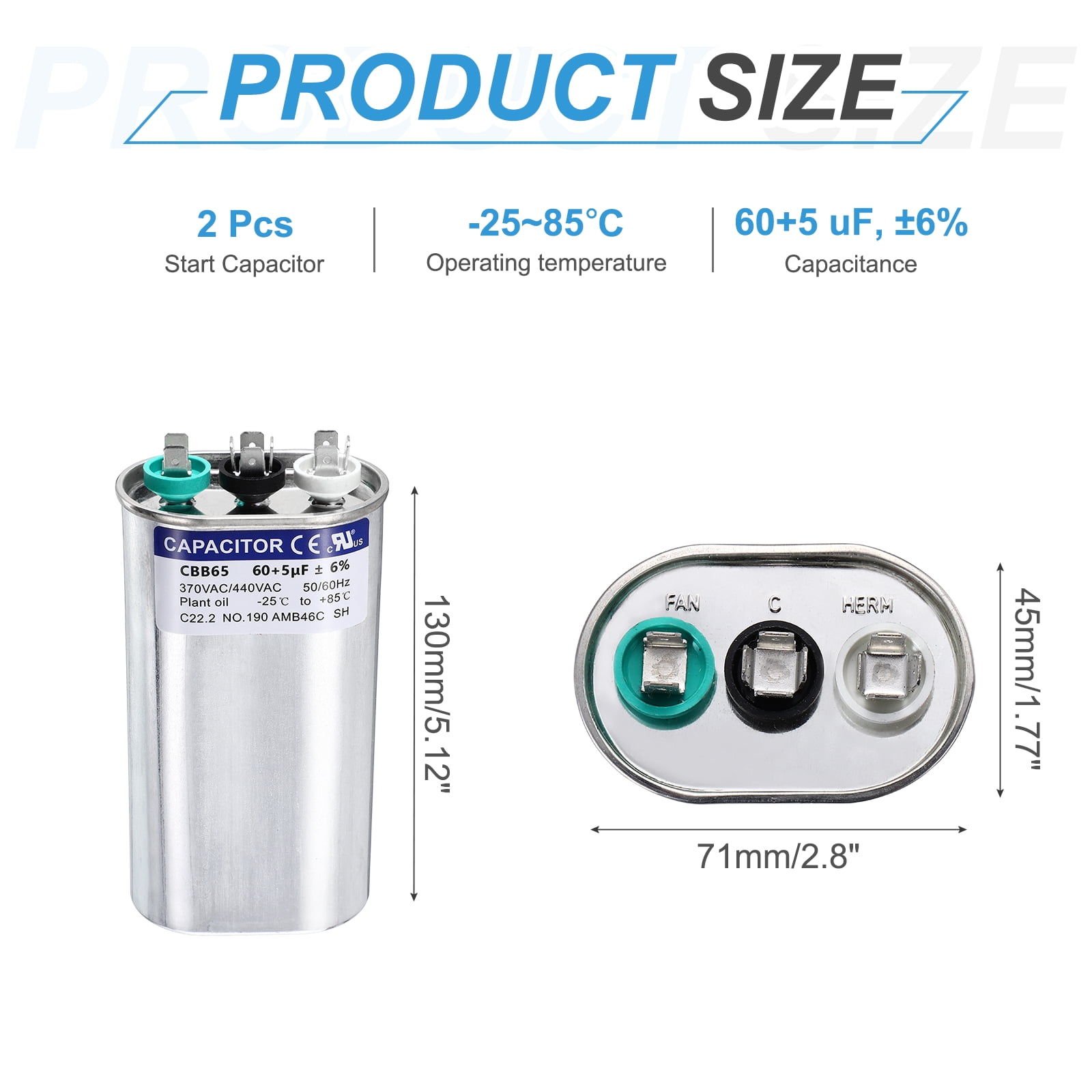 Uxcell 2Pcs 60+5MFD CBB65 Run Start Capacitor 60+5uF, 370/440V Oval AC Capacitor for AC Motor Run, HVAC, Air Conditioner, Condenser Motors