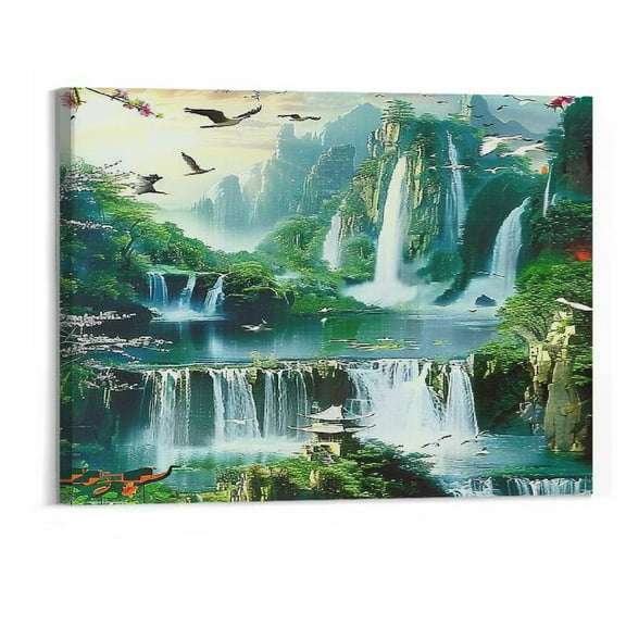 BCIIG Framed,Chinese Paintings on Canvas-Lotus Mountains Waterfalls Feng Shui Wall Art-Landscape Picture Giclee Print on Canvas -Ready to hang Canvas Wall Art for Living Room Decor 20"x16" 20x16in