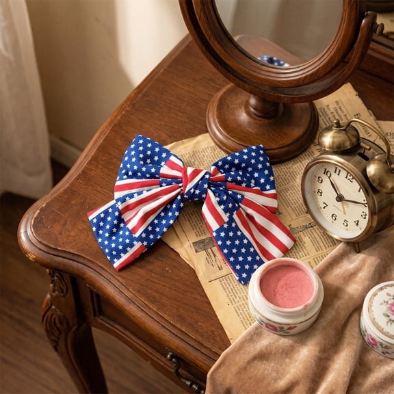 Large American Flag Print Cotton Fabric Bow Clip Red White and Blue Fourth of July Party Decorations Accessory for Women
